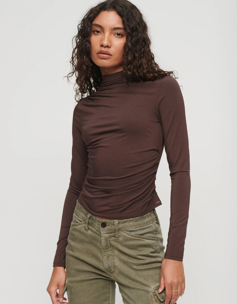 Long Sleeve Ruched Jersey Top - Brown