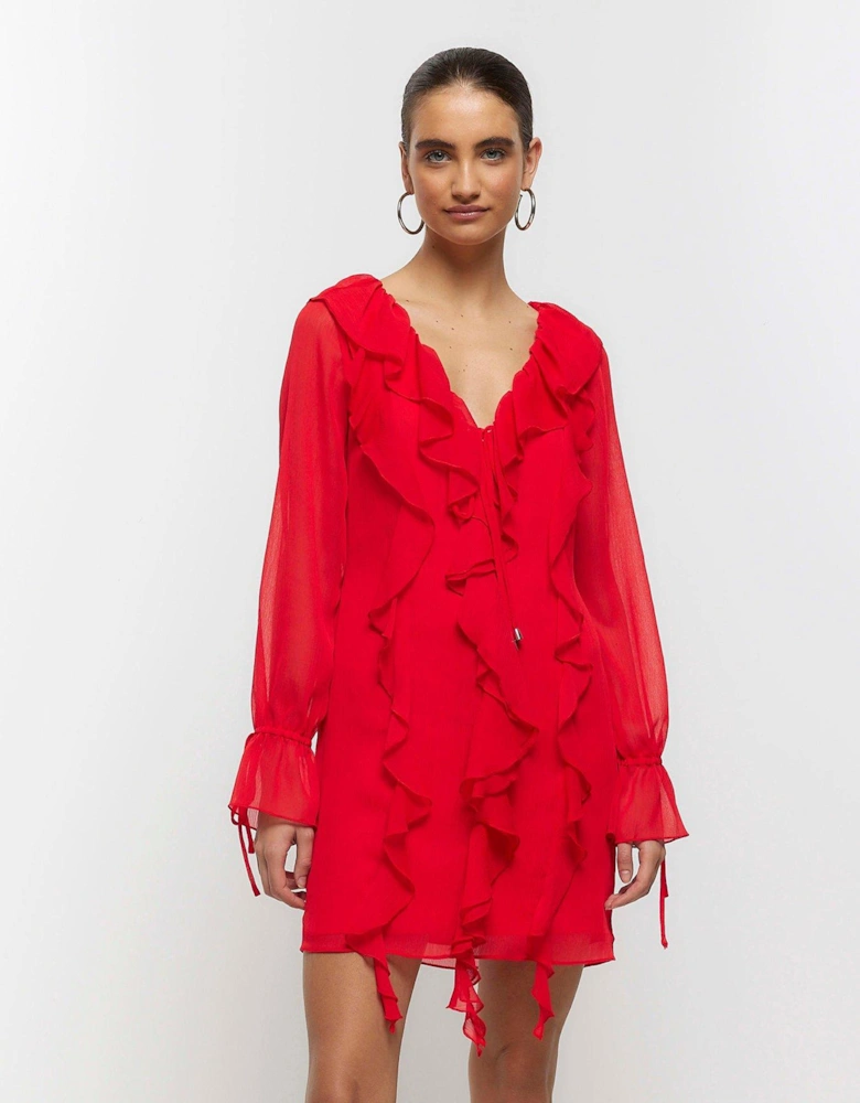 Frill Detail Mini Dress - Red