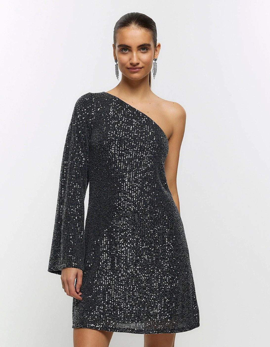 One Shoulder Sequin Dress - Grey, 6 of 5