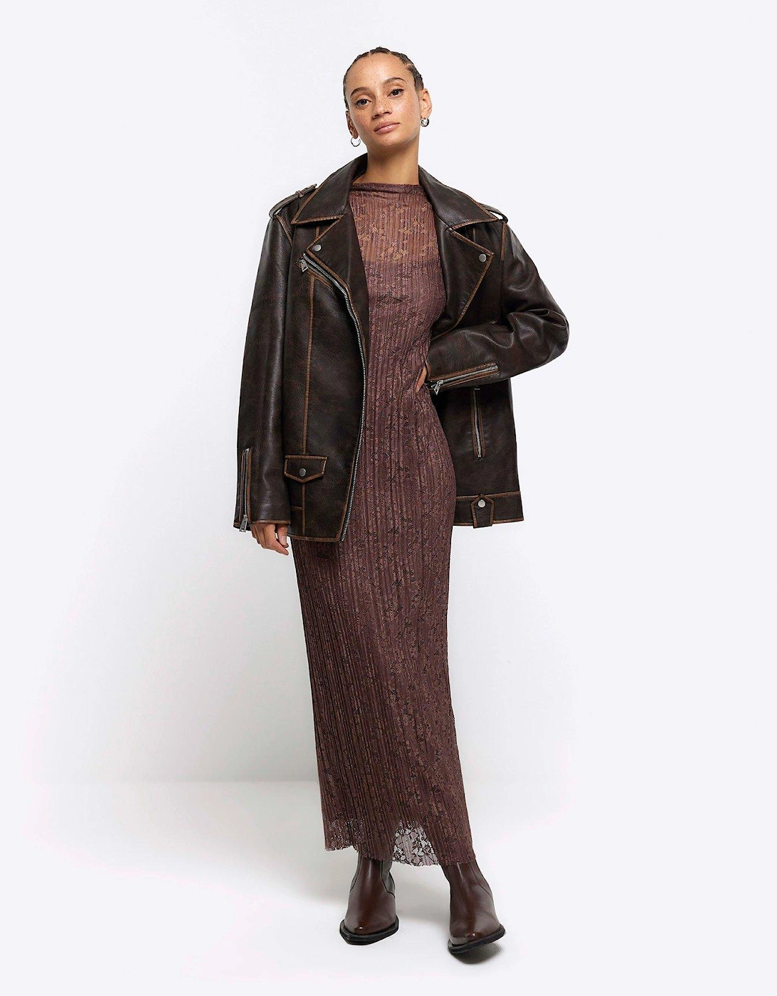 Pleated Lace Dress - Brown, 3 of 2