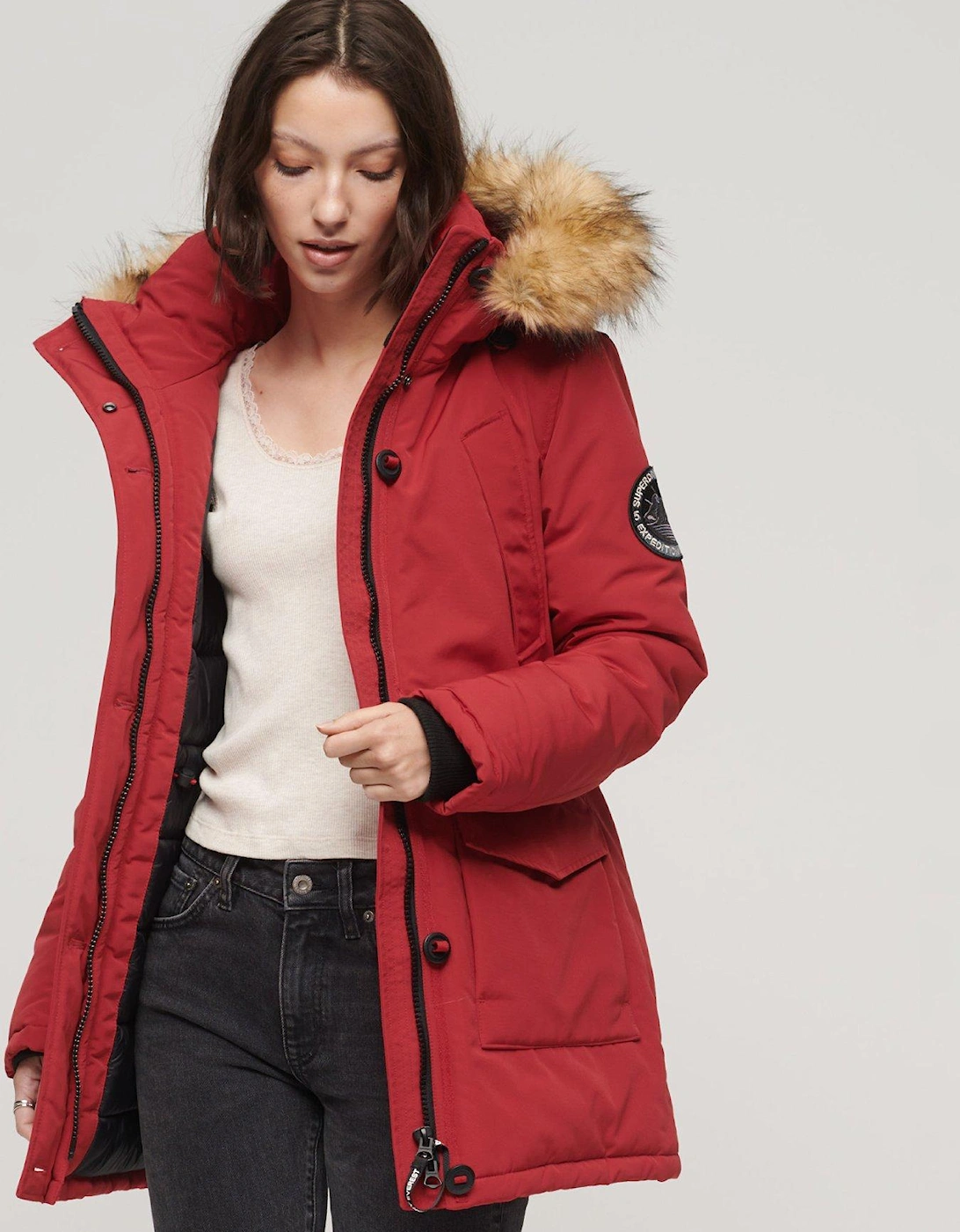 Everest Faux Fur Hooded Parka Coat - Red, 2 of 1