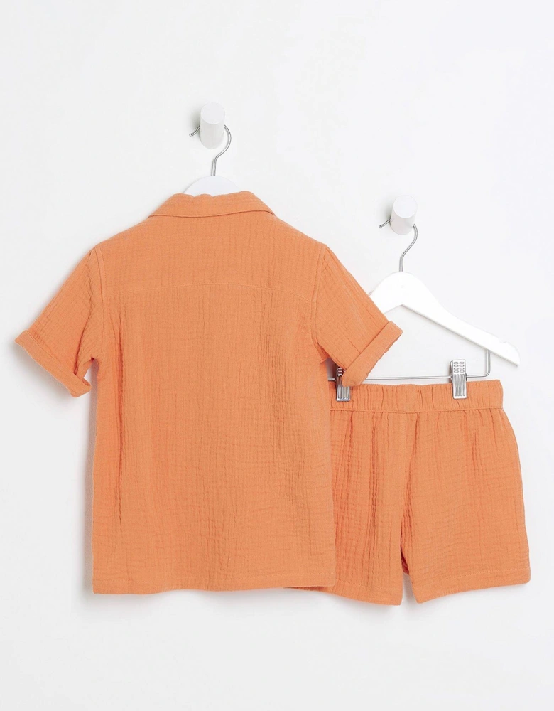 Mini Mini Boys Textured Shirt And Shorts Set - Coral