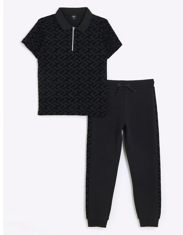 Girls Flocked Polo And Joggers Set - Black