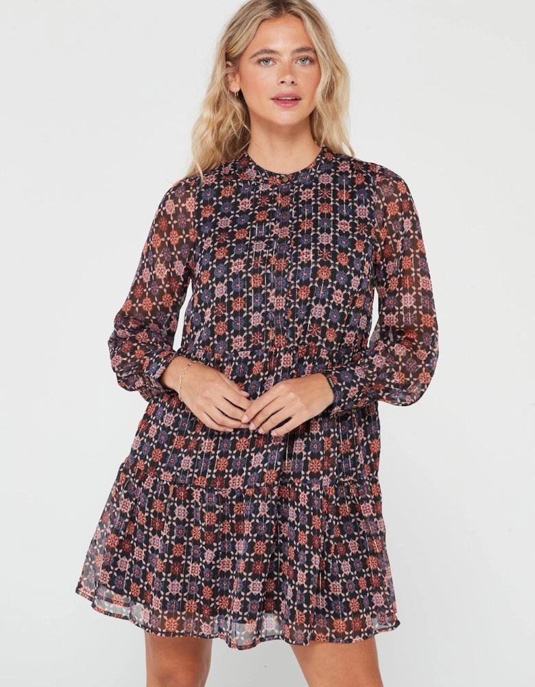 Long Sleeve Tiered Mini Dress - Print