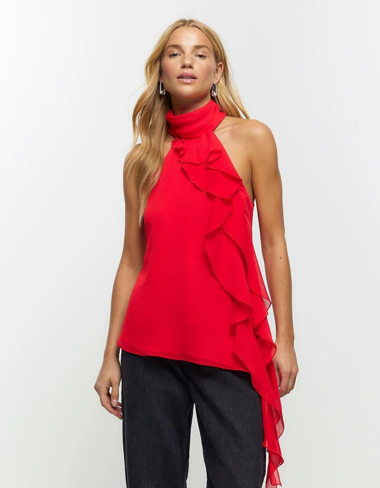 Frill Detail Halterneck Top - Red