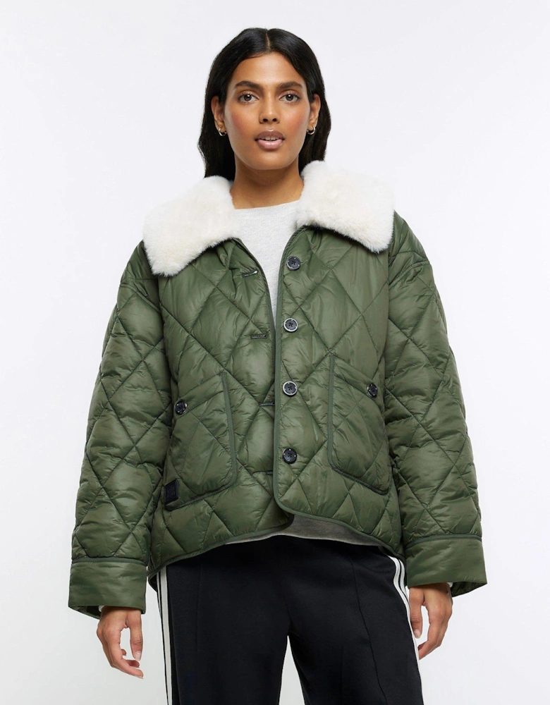 Faux Fur Collar Padded Jacket - Khaki