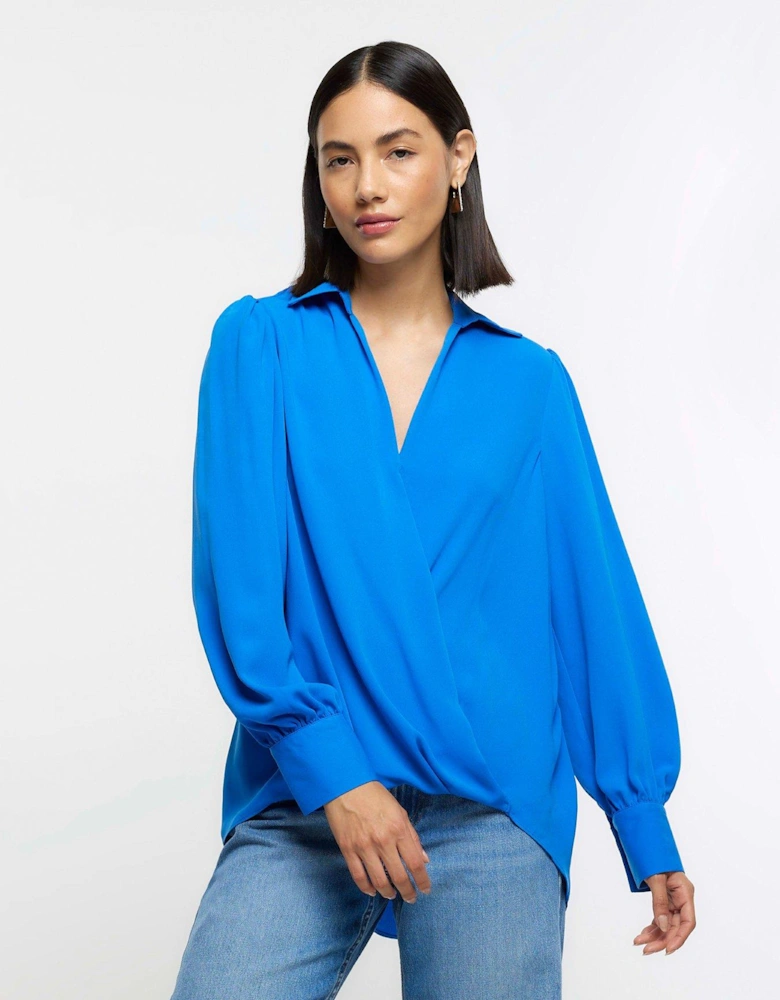 V Neck Wrap Blouse - Blue