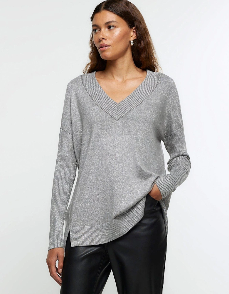 V Neck Fine Stripe Jumper - Silver