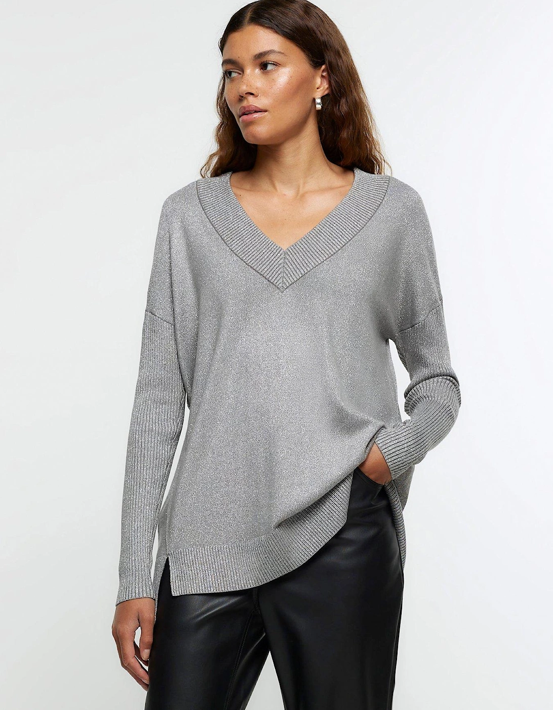 V Neck Fine Stripe Jumper - Silver, 6 of 5