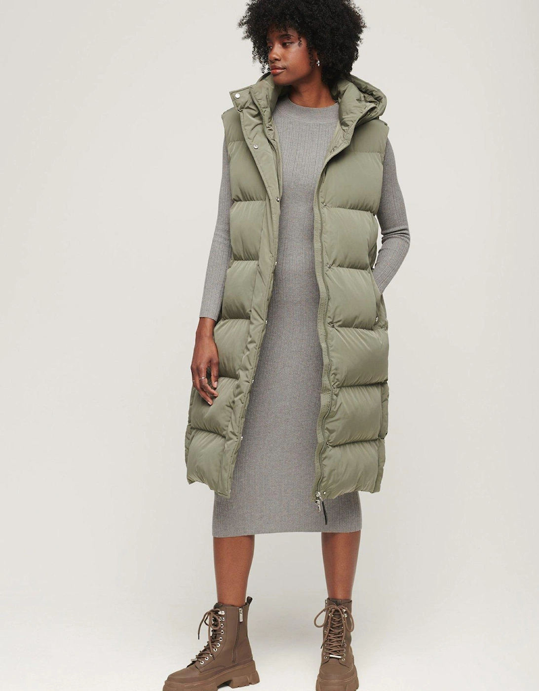 Longline Hooded Puffer Gilet - Green, 2 of 1