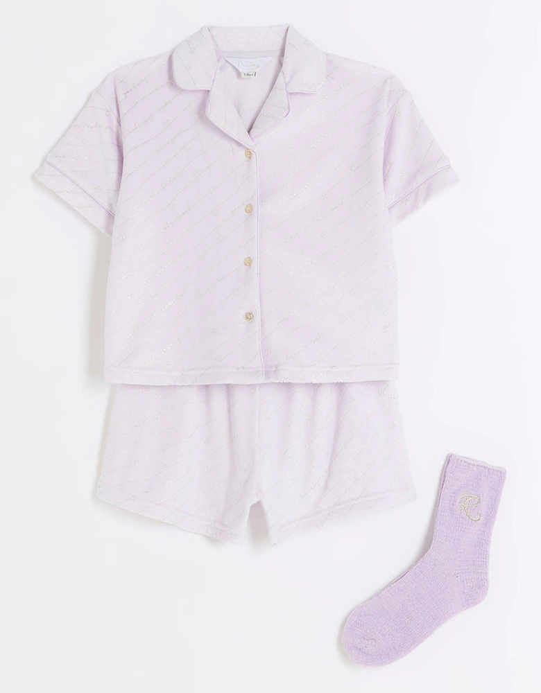 Girls Stripe Foil Velour Pyjama Set - Purple