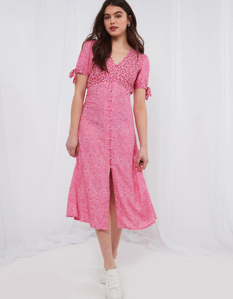 Ditsy Button Down Tie Sleeve Midi Dress - Pink
