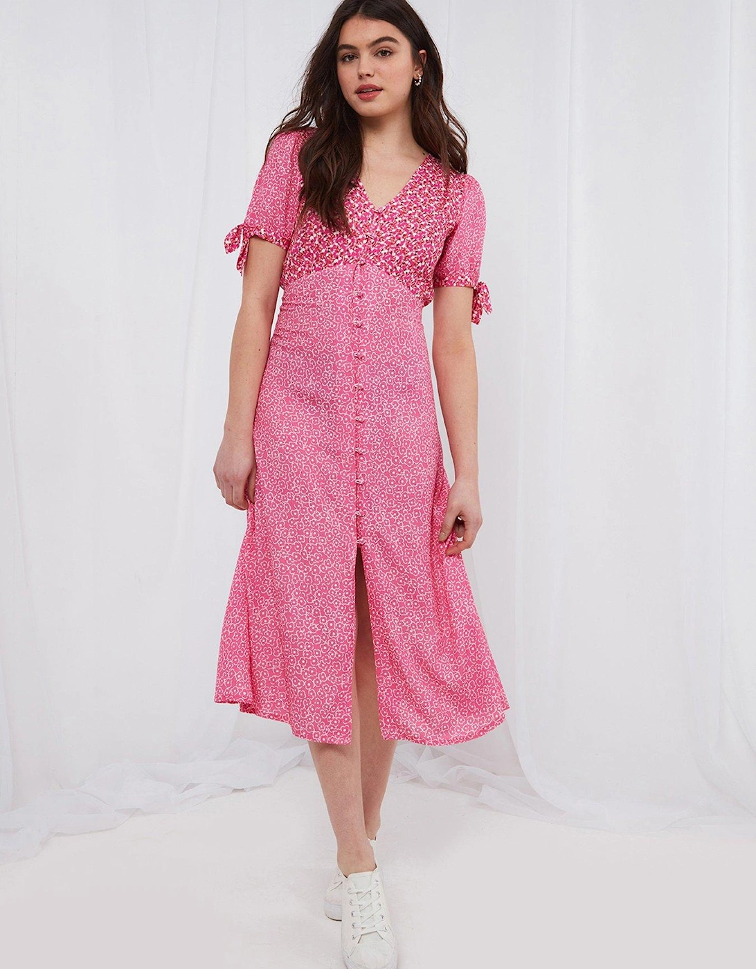 Ditsy Button Down Tie Sleeve Midi Dress - Pink, 2 of 1