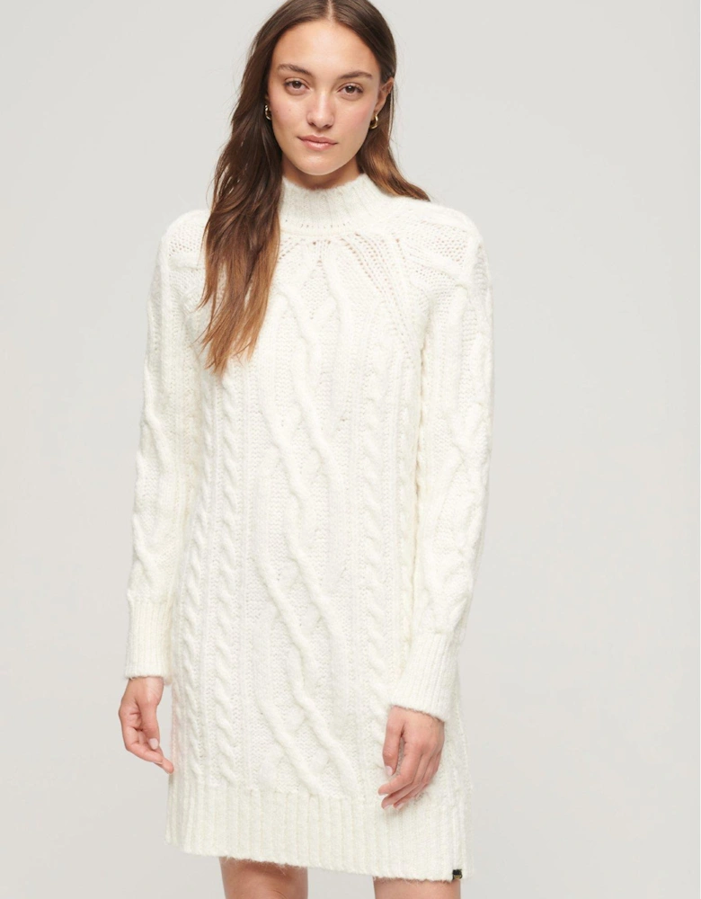 Cable Knit Mock Neck Jumper Dress - White