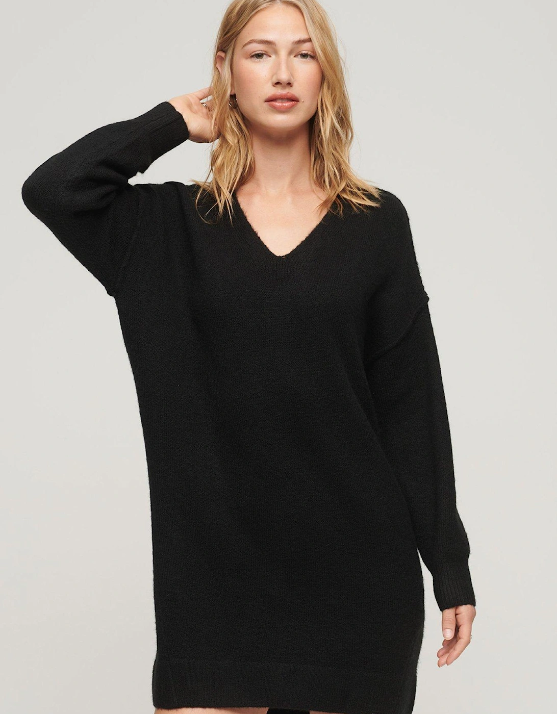 V-Neck Knit Jumper Dress - Black, 2 of 1