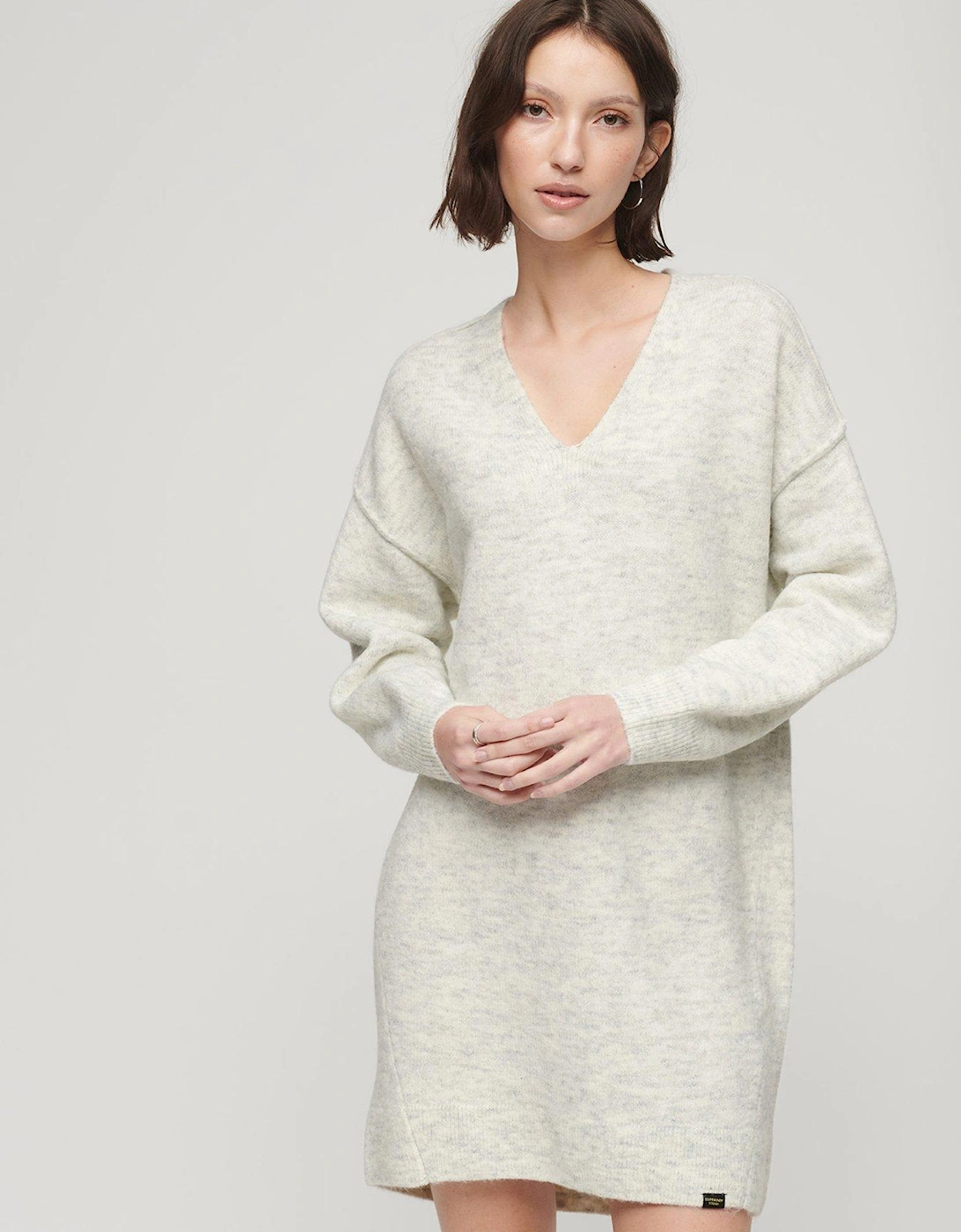 V-neck Knit Jumper Dress - Cream, 6 of 5