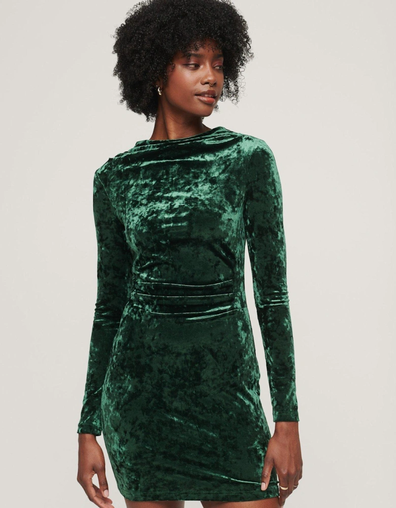Velvet Long Sleeve Mini Dress - Green
