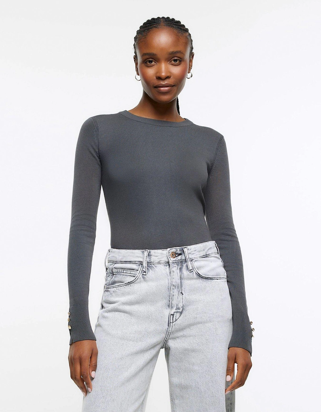 Crew Neck Fine Knitted Top - Grey, 3 of 2