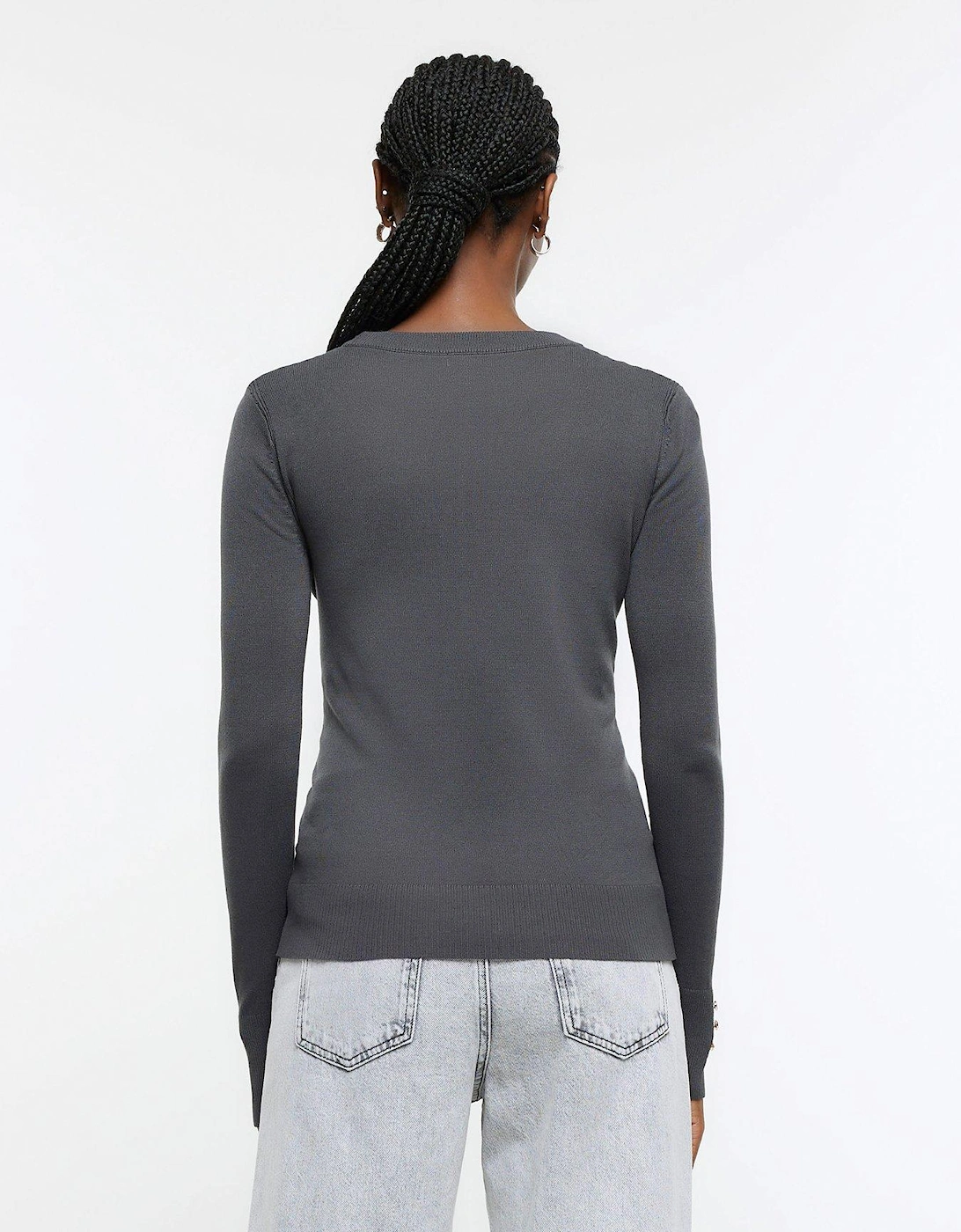 Crew Neck Fine Knitted Top - Grey