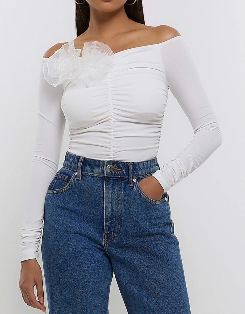 Ruched Corsage Bodysuit - White