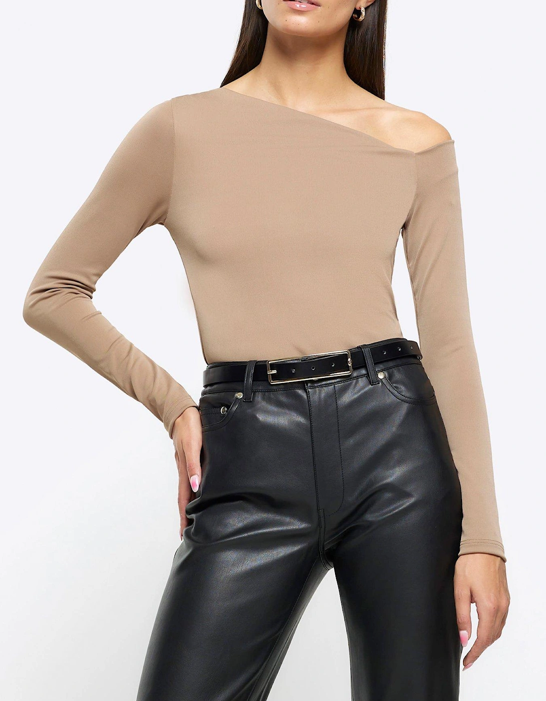 Fitted Off Shoulder Top - Brown, 6 of 5