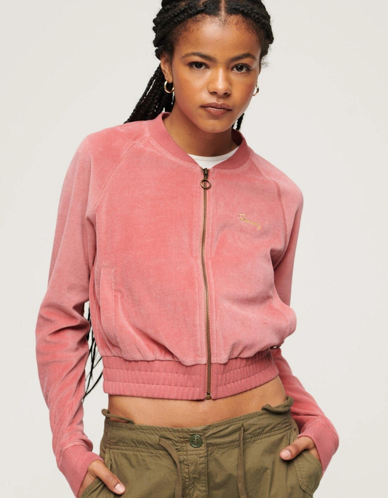 Embroidered Velour Zip Baseball Top - Pink