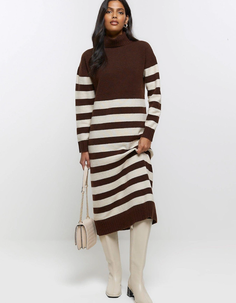 Stripe Jumper Midi Dress - Brown
