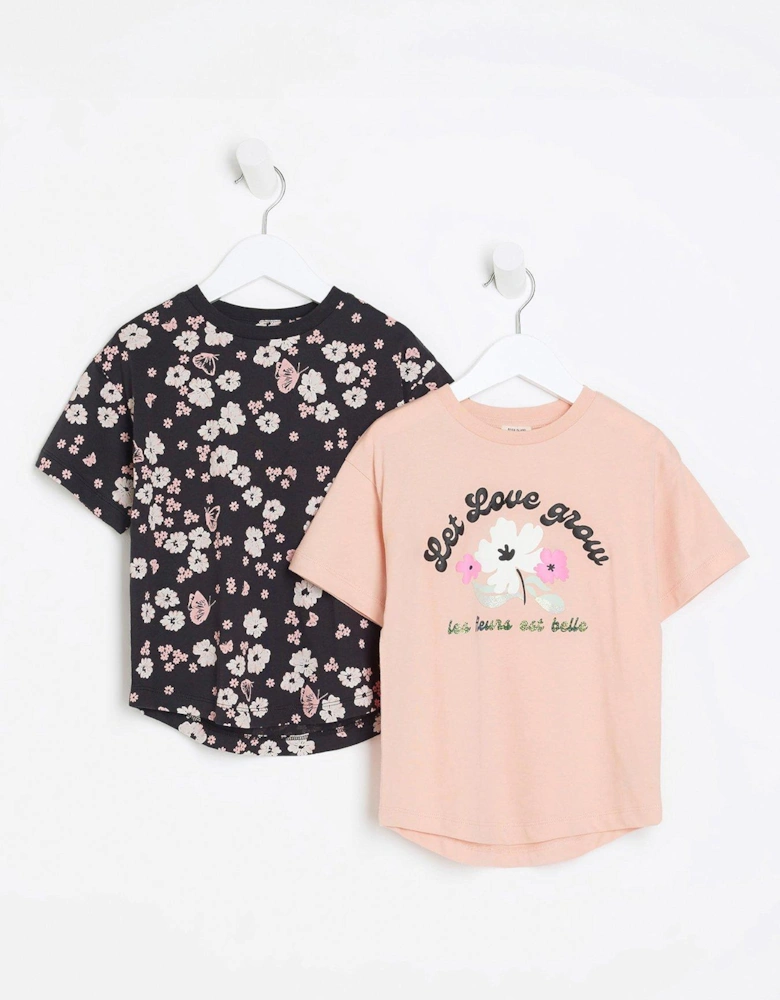 Mini Mini Girls Floral T-Shirt 2 Pack - Pink