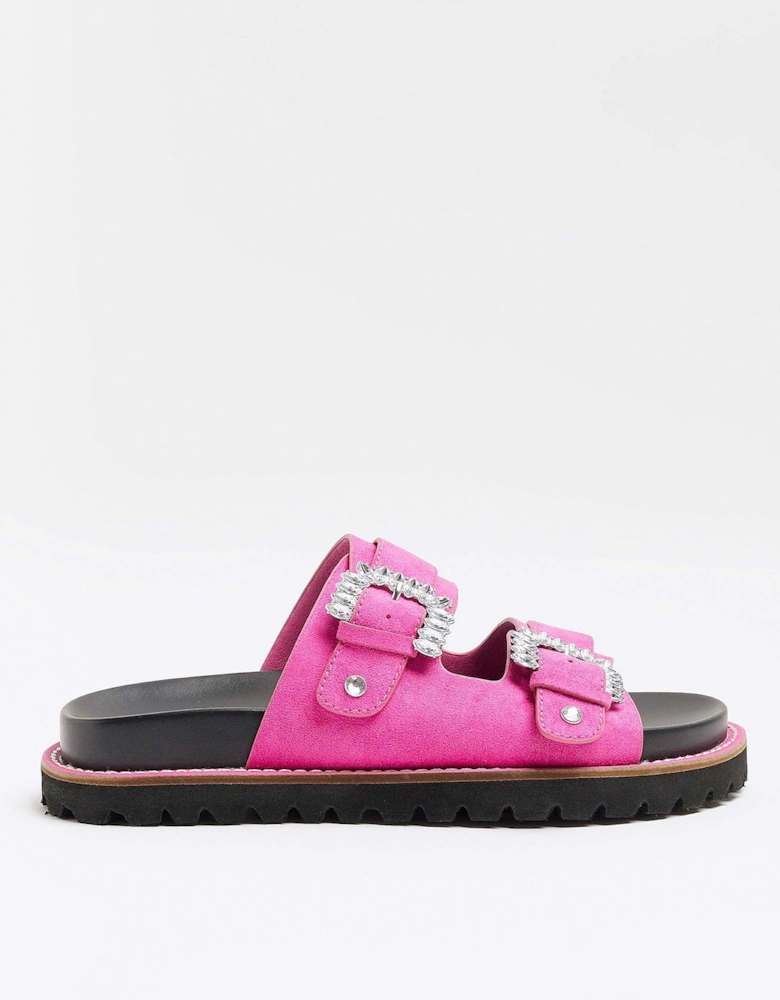 Wide Double Buckle Flat Sandal - Bright Pink