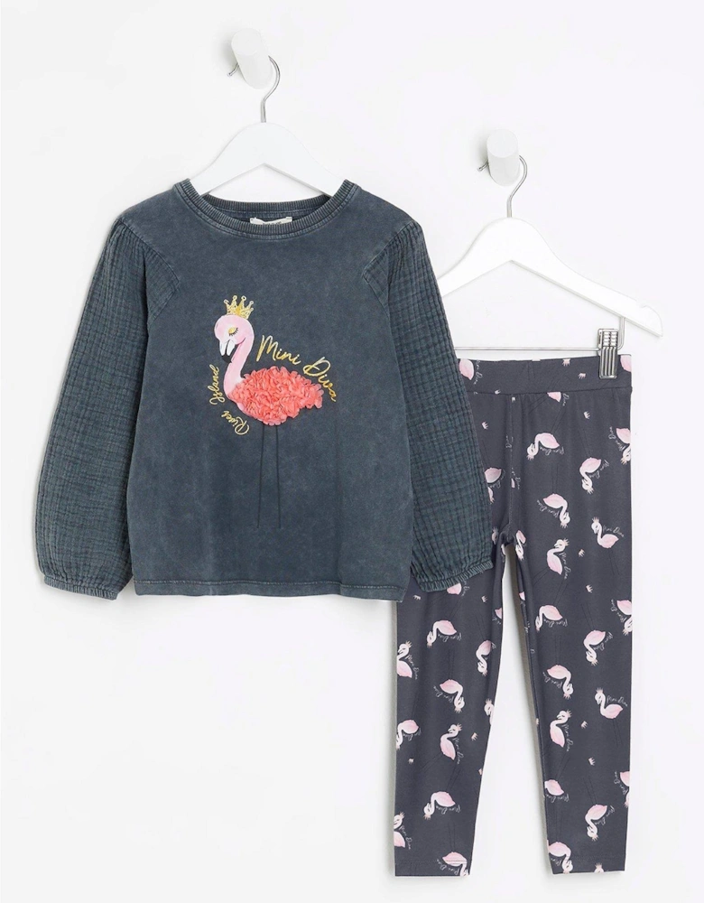 Mini Mini Girl Flamingo Sweatshirt Set - Grey