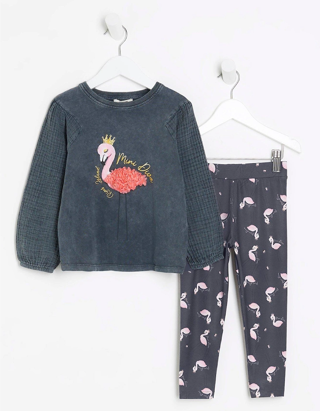 Mini Mini Girl Flamingo Sweatshirt Set - Grey, 3 of 2