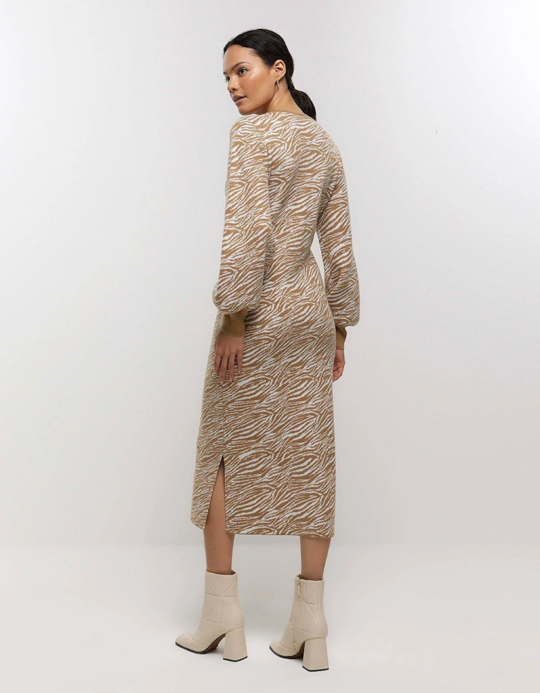 Zebra Wrap Midi Dress - Beige