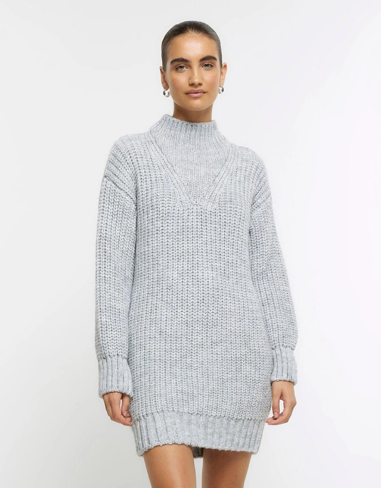 High Neck Jumper Dress - Grey Marl