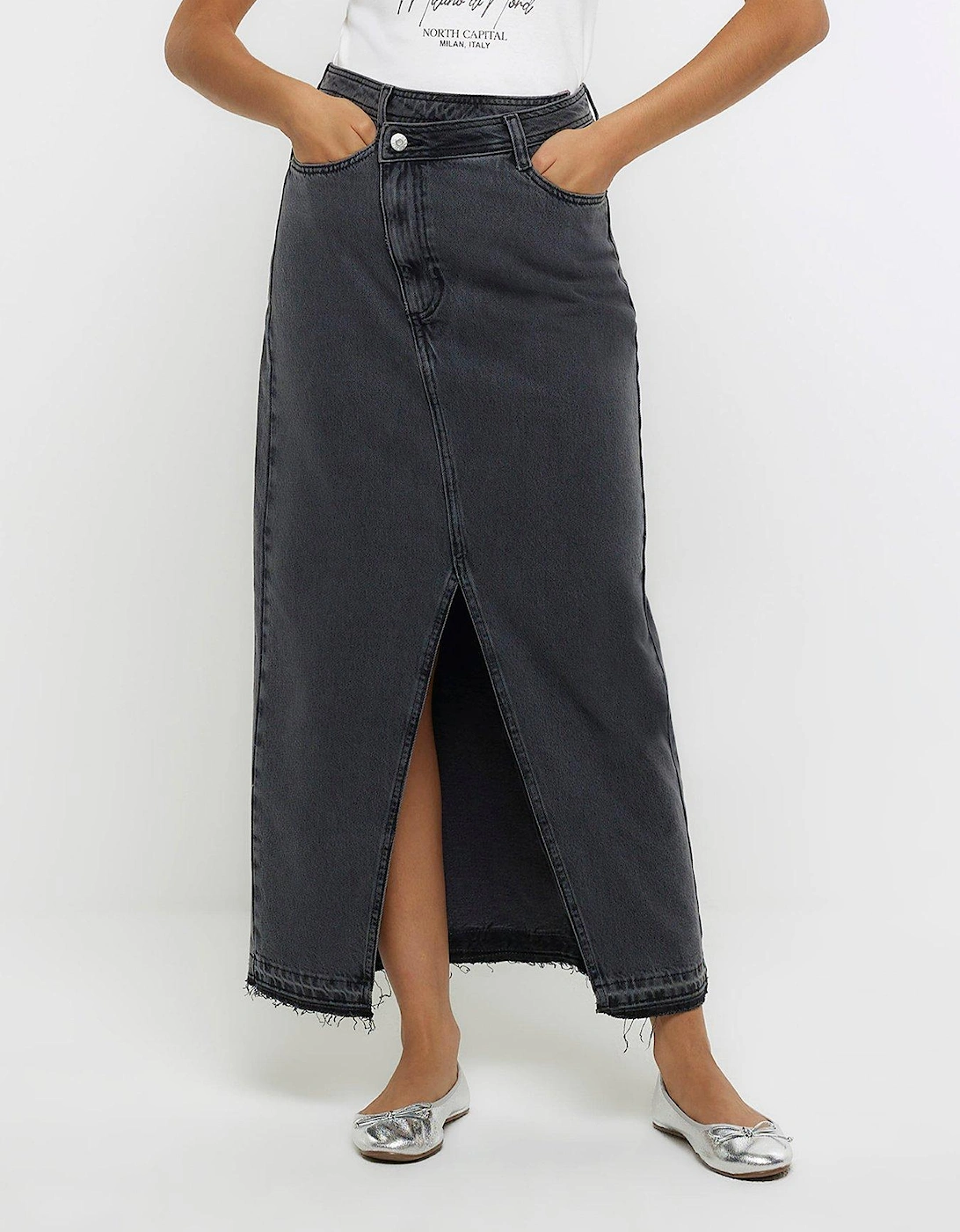 Asymmetric Waist Denim Maxi Skirt - Grey, 6 of 5
