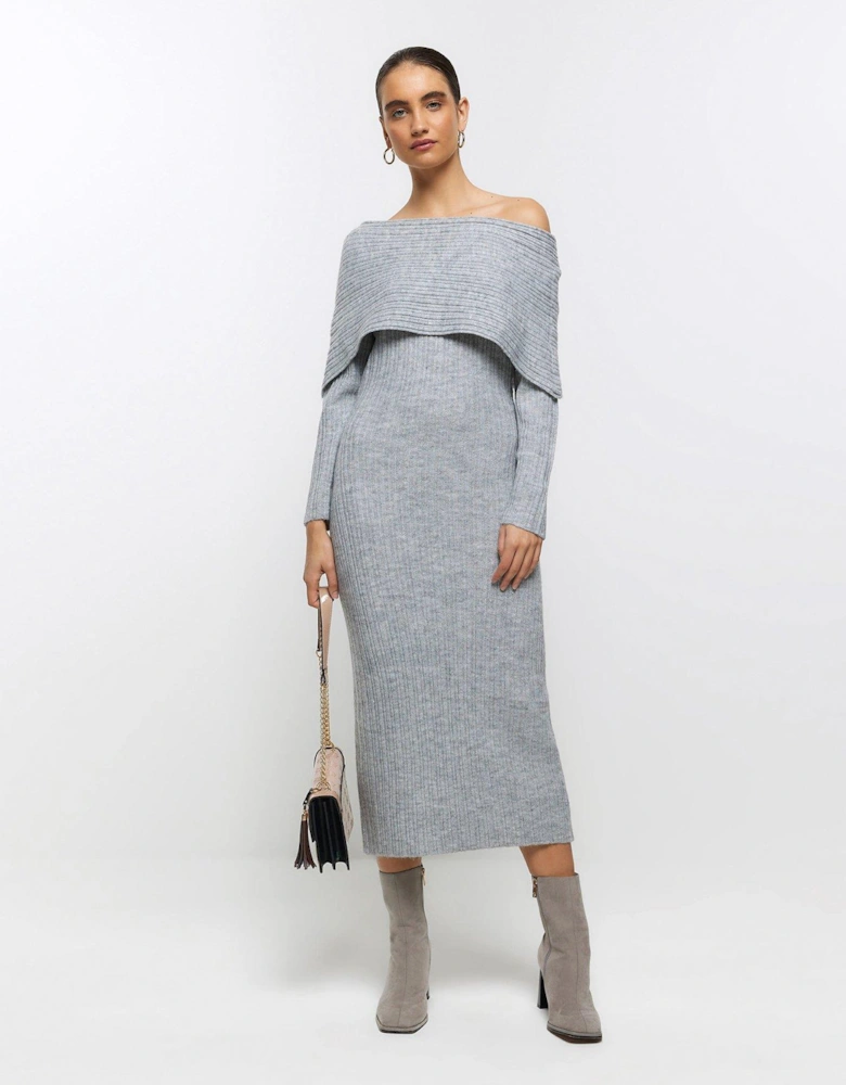 Bardot Neck Knit Midaxi Dress - Grey
