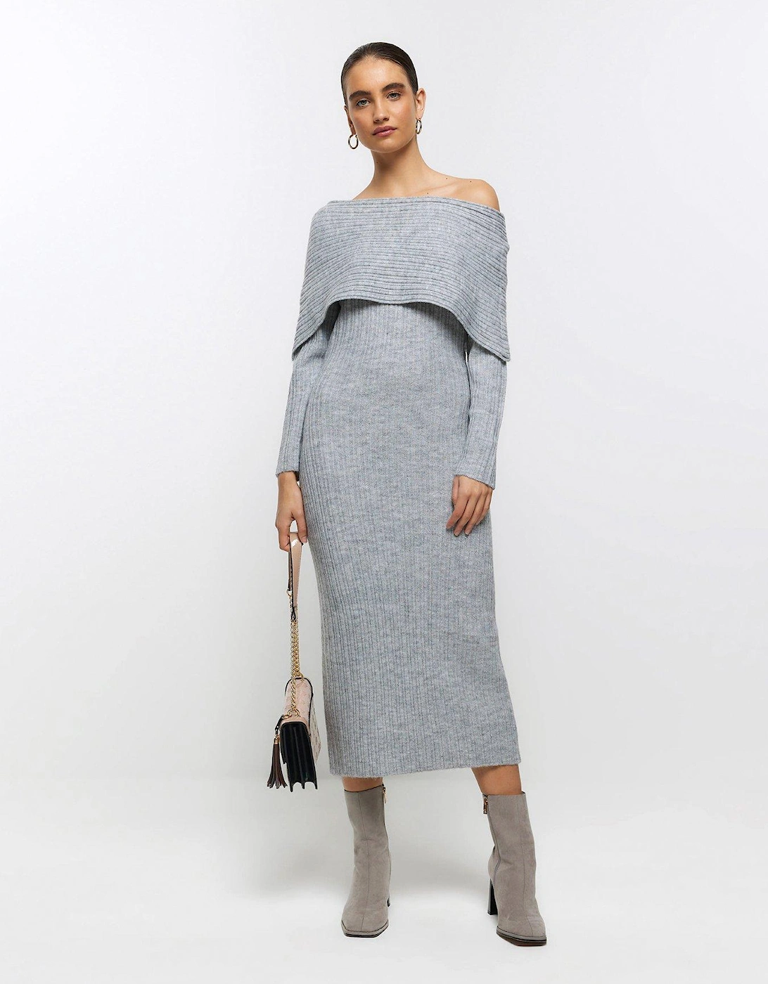 Bardot Neck Knit Midaxi Dress - Grey, 3 of 2
