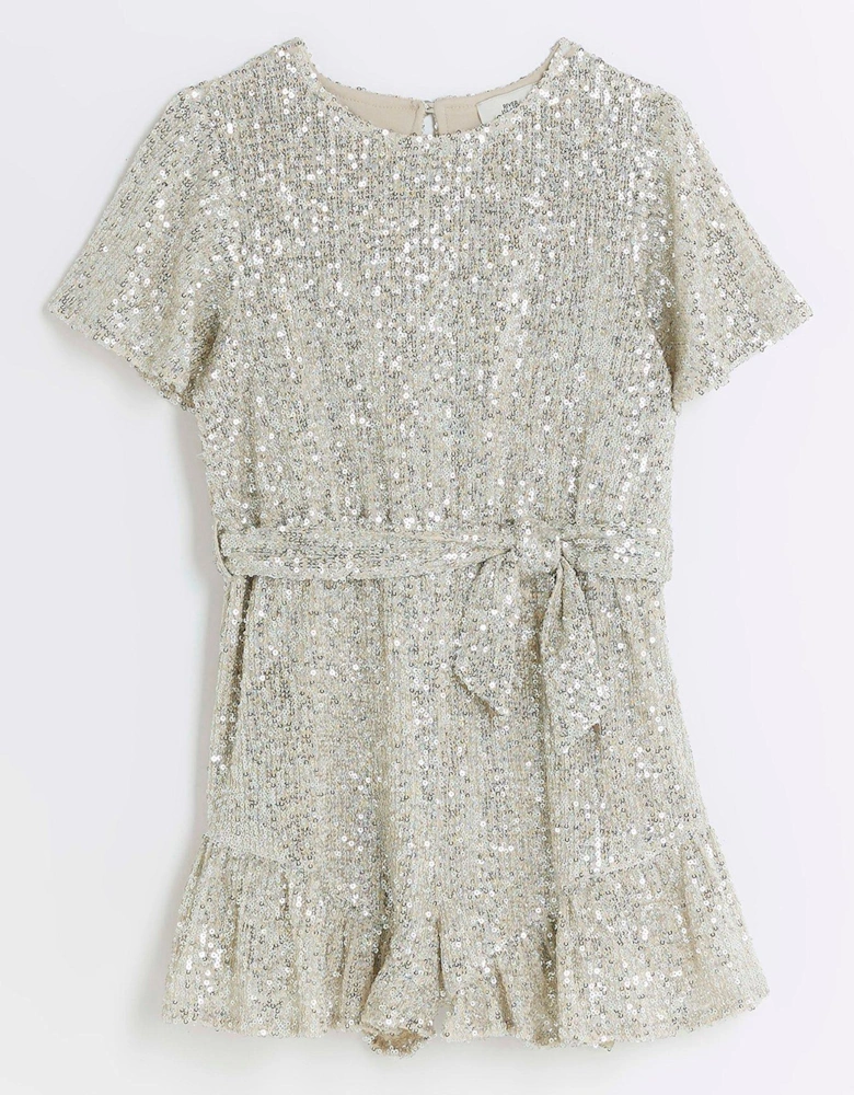 Girls Sequin Belted Playsuit - Silver