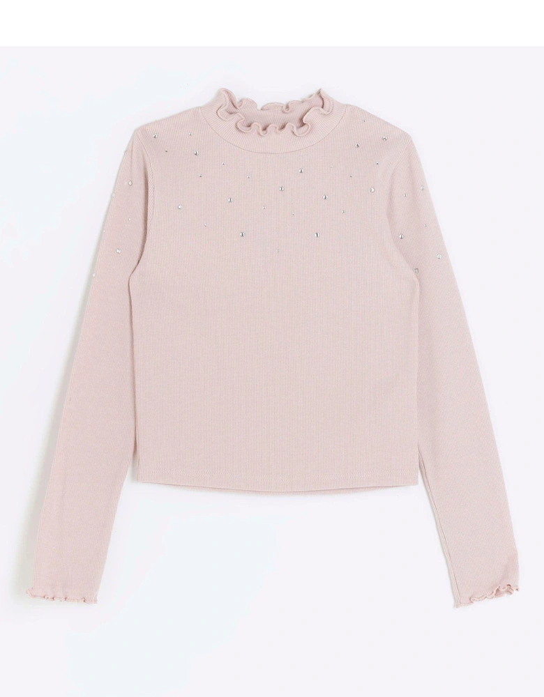 Girls Rib Embellished Long Sleeve Top - Pink