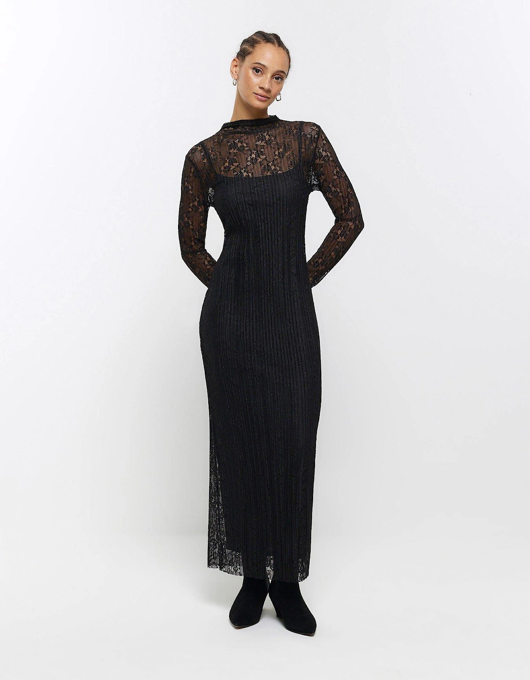 Pleated Lace Midi Dress - Black, 6 of 5