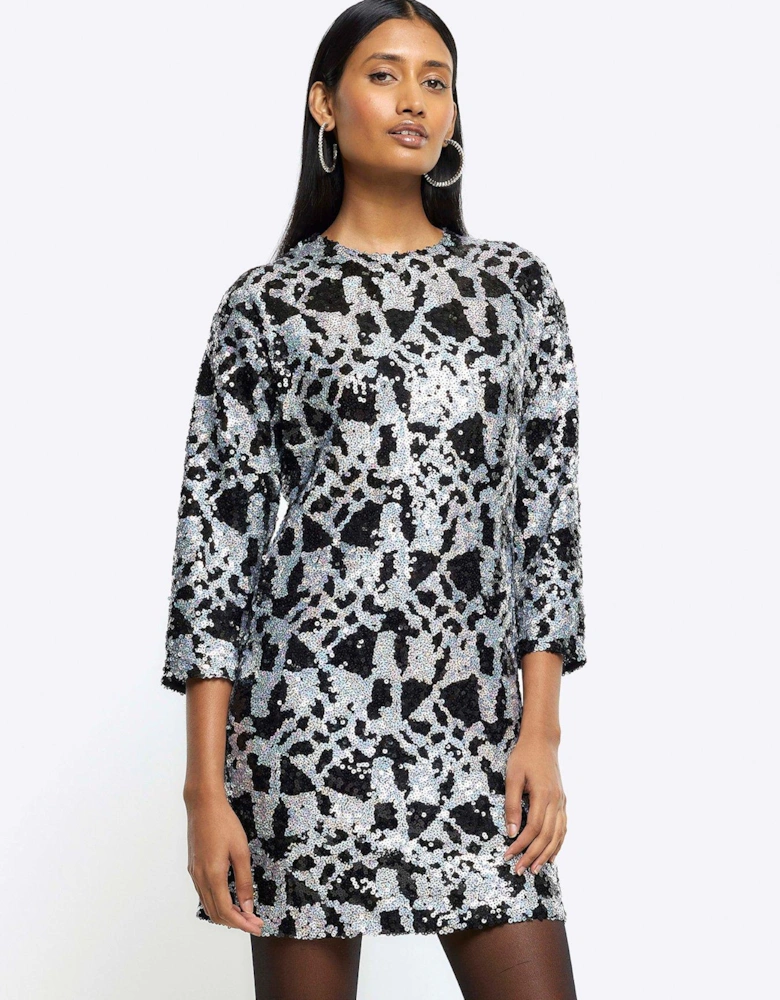 Abstract Sequin Smock Dress - Black