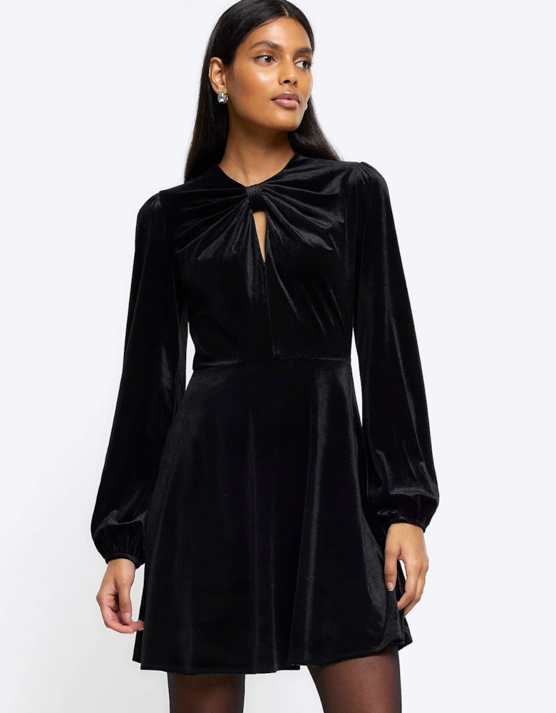 Bow Detail Velvet Mini Dress - Black