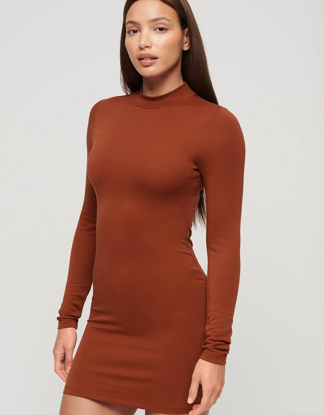 High Neck Long Sleeve Jersey Mini Dress - Red, 2 of 1