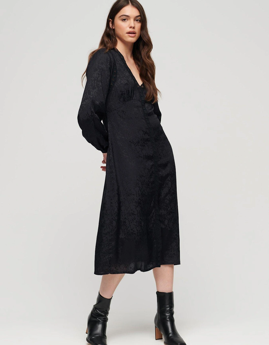 Lace Trim Midi Dress - Black, 6 of 5