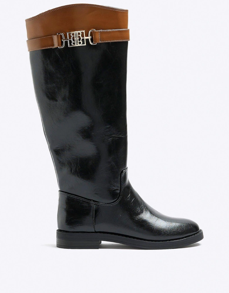 Logo Strap Knee High Boot - Black