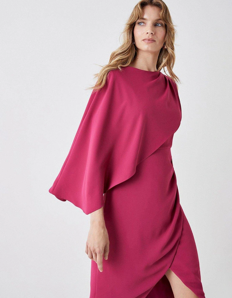 Asymmetric Cape Wrap Skirt Dress - Raspberry