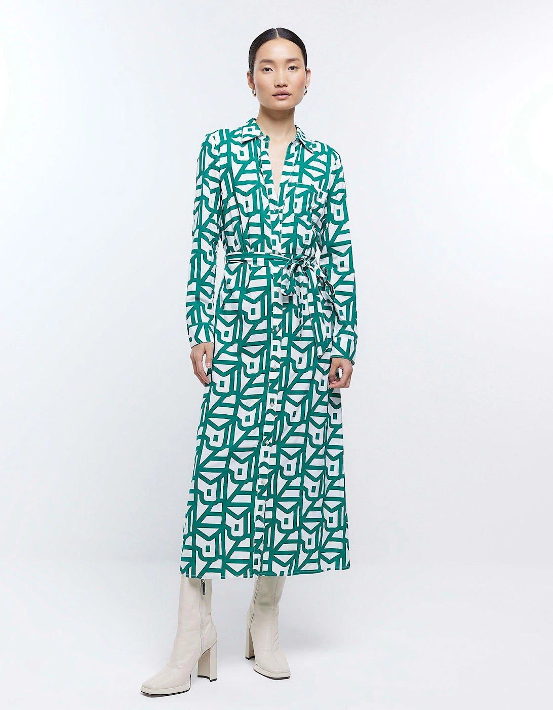 Geo Printed Belted Shirt Dress - Green, 6 of 5