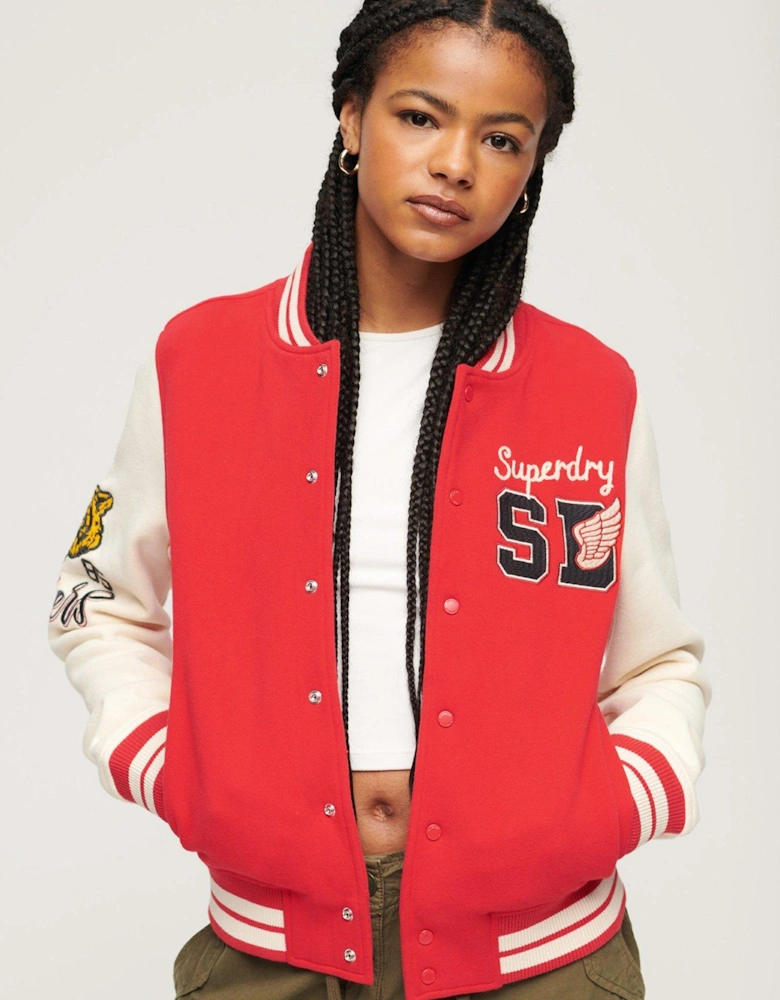 College Scripted Jersey Bomber Jacket - Red