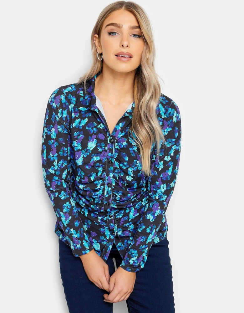 Blue Abstract Button Ruched Shirt