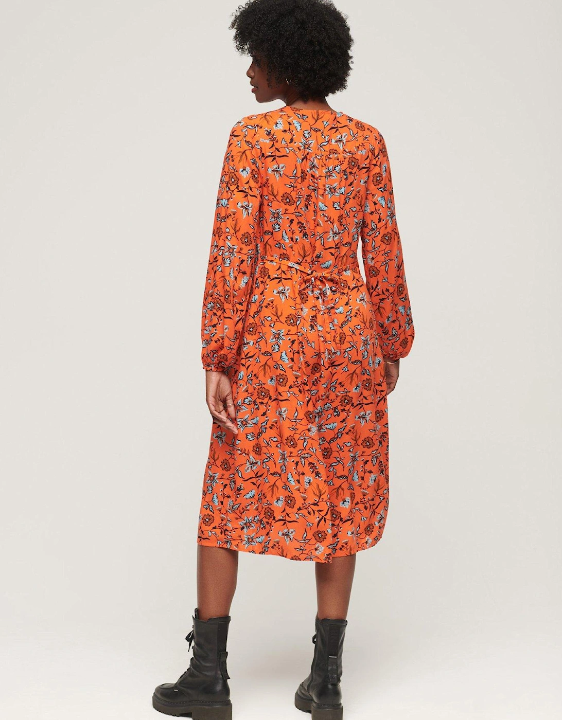 Printed V Neck Midi Tea Dress - Orange