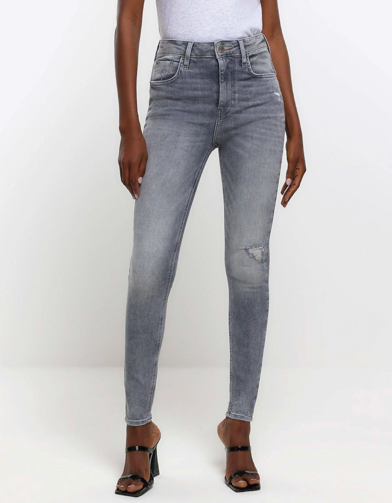 High Waist Super Skinny Ripped Jeans - Grey